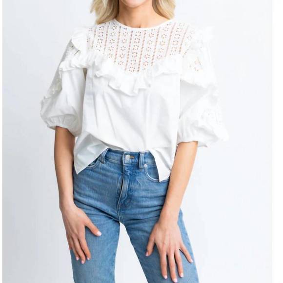 Karlie White Short Sleeve Poplin V-Neck Bubble Top